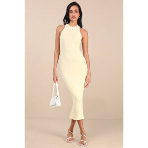 Lulus Essentially Sweet Light Yellow Ribbed Sleeveless Midi Dress - Size XS
